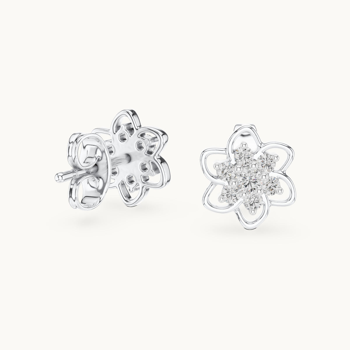 Round lab-grown diamond open flower cluster stud earrings in white gold, 0.17 CT TW, view 1