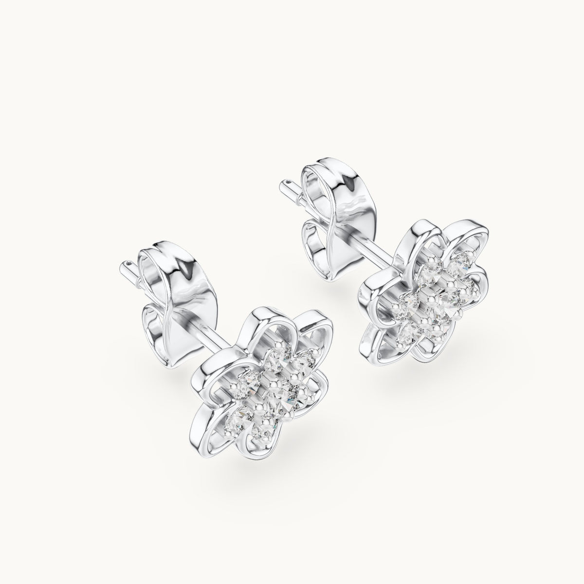Round lab-grown diamond open flower cluster stud earrings in white gold, 0.17 CT TW, view 2