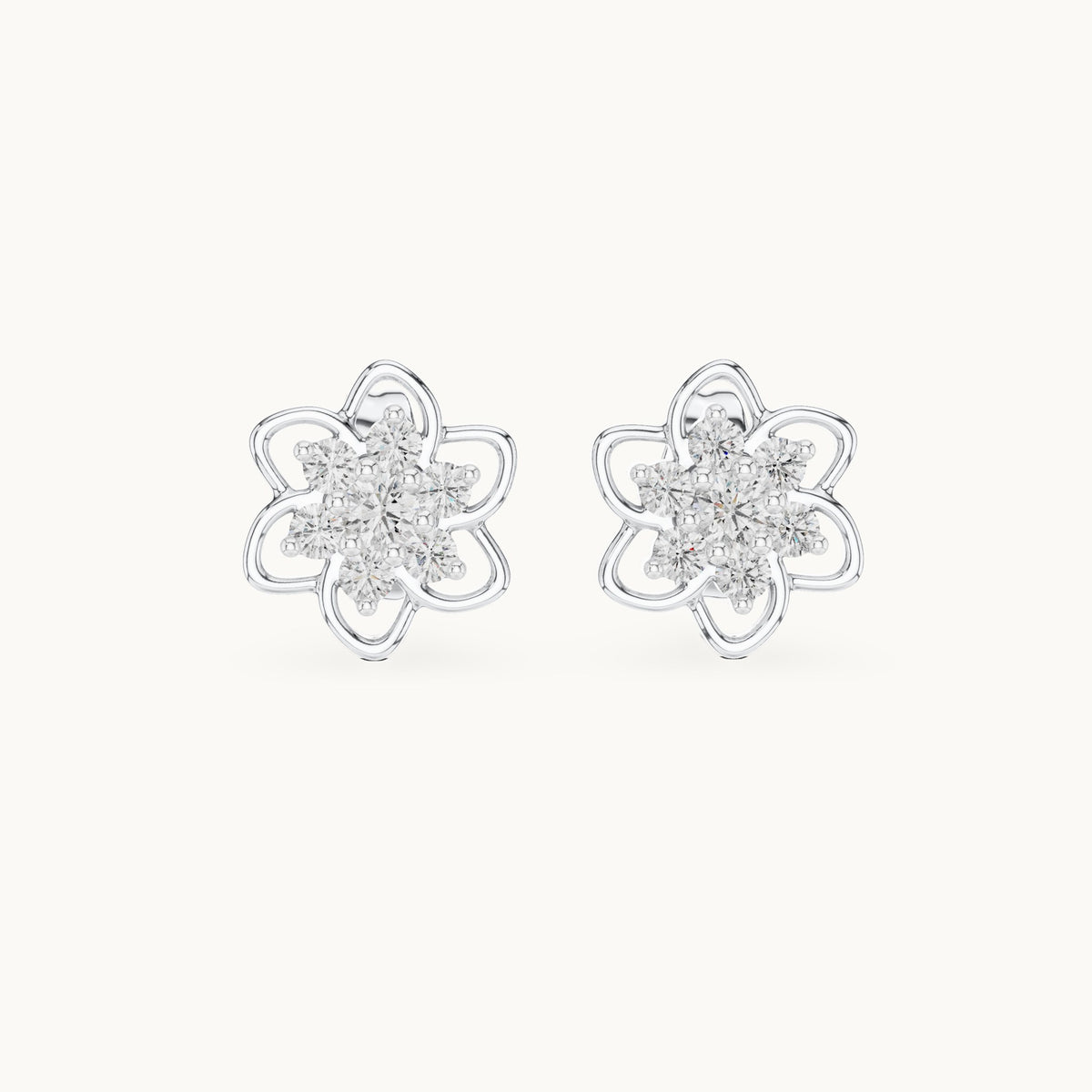 Round lab-grown diamond open flower cluster stud earrings in white gold, 0.17 CT TW, view 4