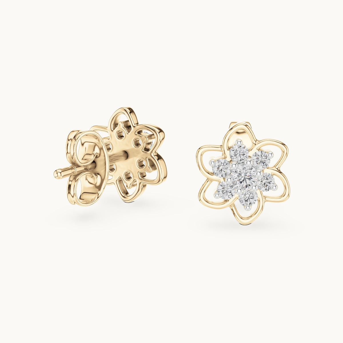 Round lab-grown diamond open flower cluster stud earrings in yellow gold, 0.17 CT TW, view 1