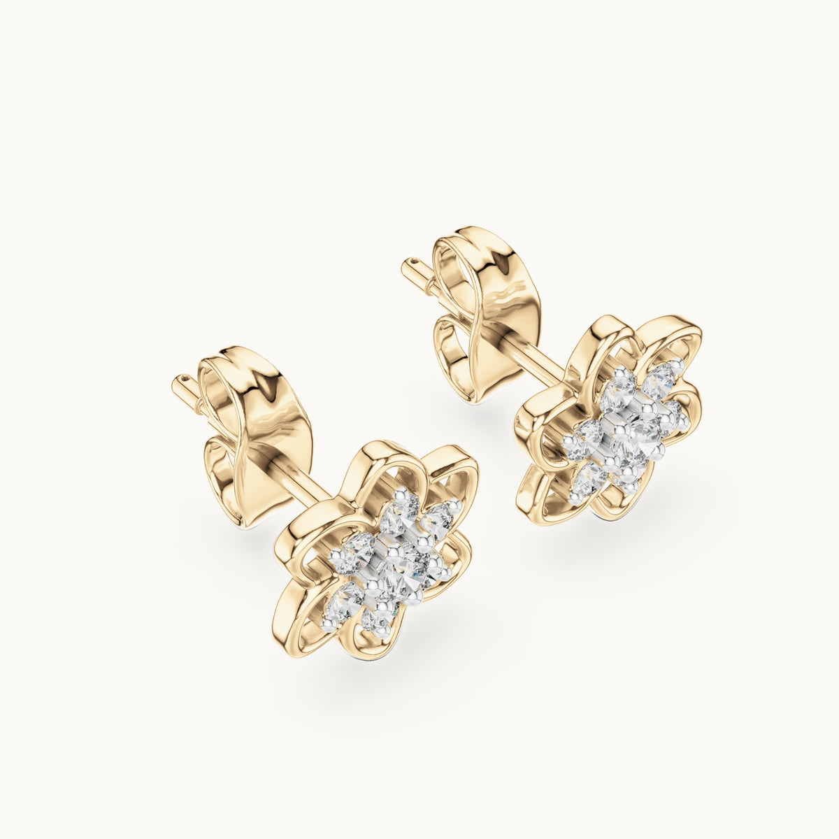 Round lab-grown diamond open flower cluster stud earrings in yellow gold, 0.17 CT TW, view 2