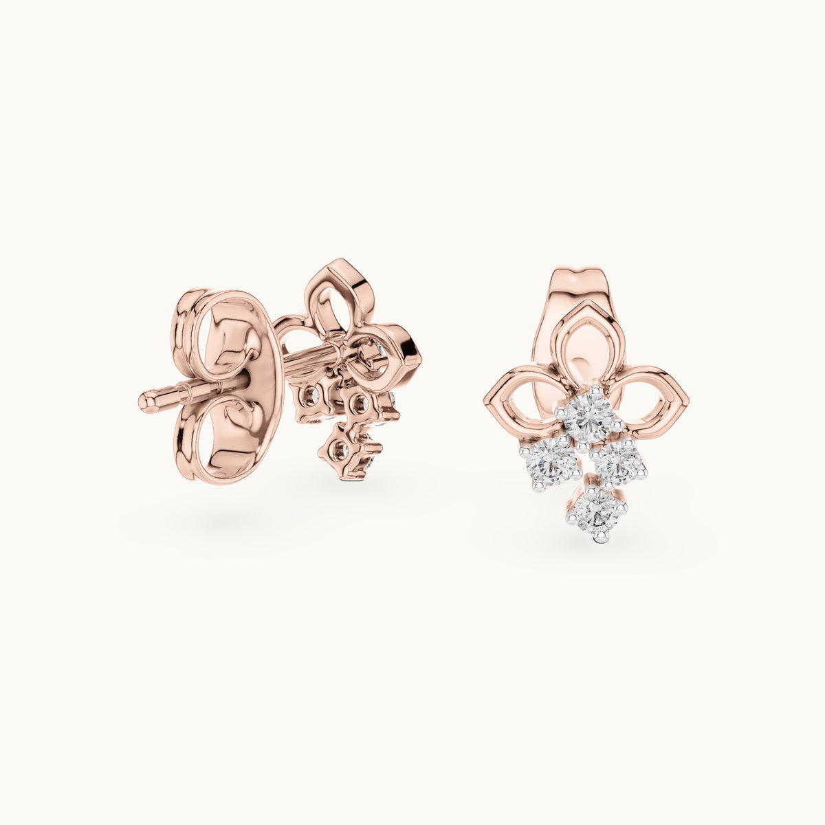 Round lab-grown diamond open petal cluster stud earrings in rose gold, 0.082 CT TW, view 1
