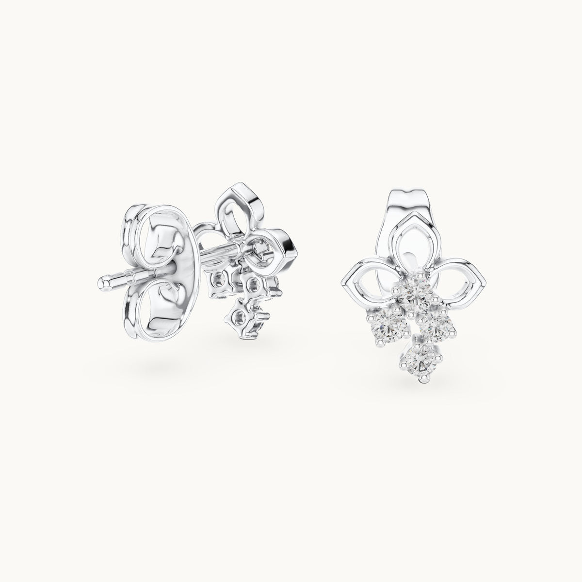 Round lab-grown diamond open petal cluster stud earrings in white gold, 0.082 CT TW, view 1