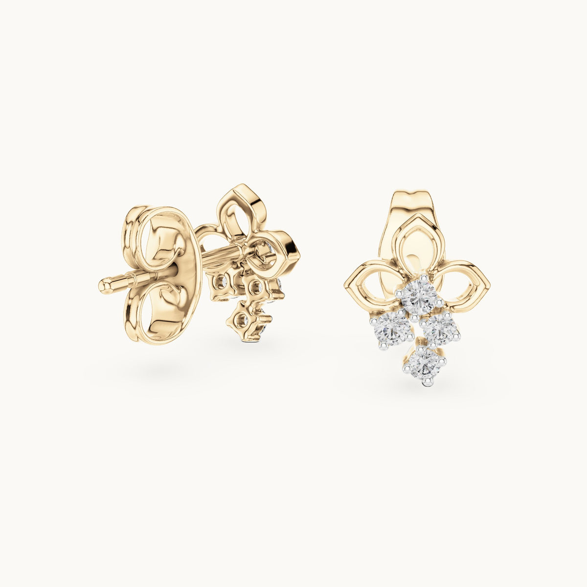 Round lab-grown diamond open petal cluster stud earrings in yellow gold, 0.082 CT TW, view 1