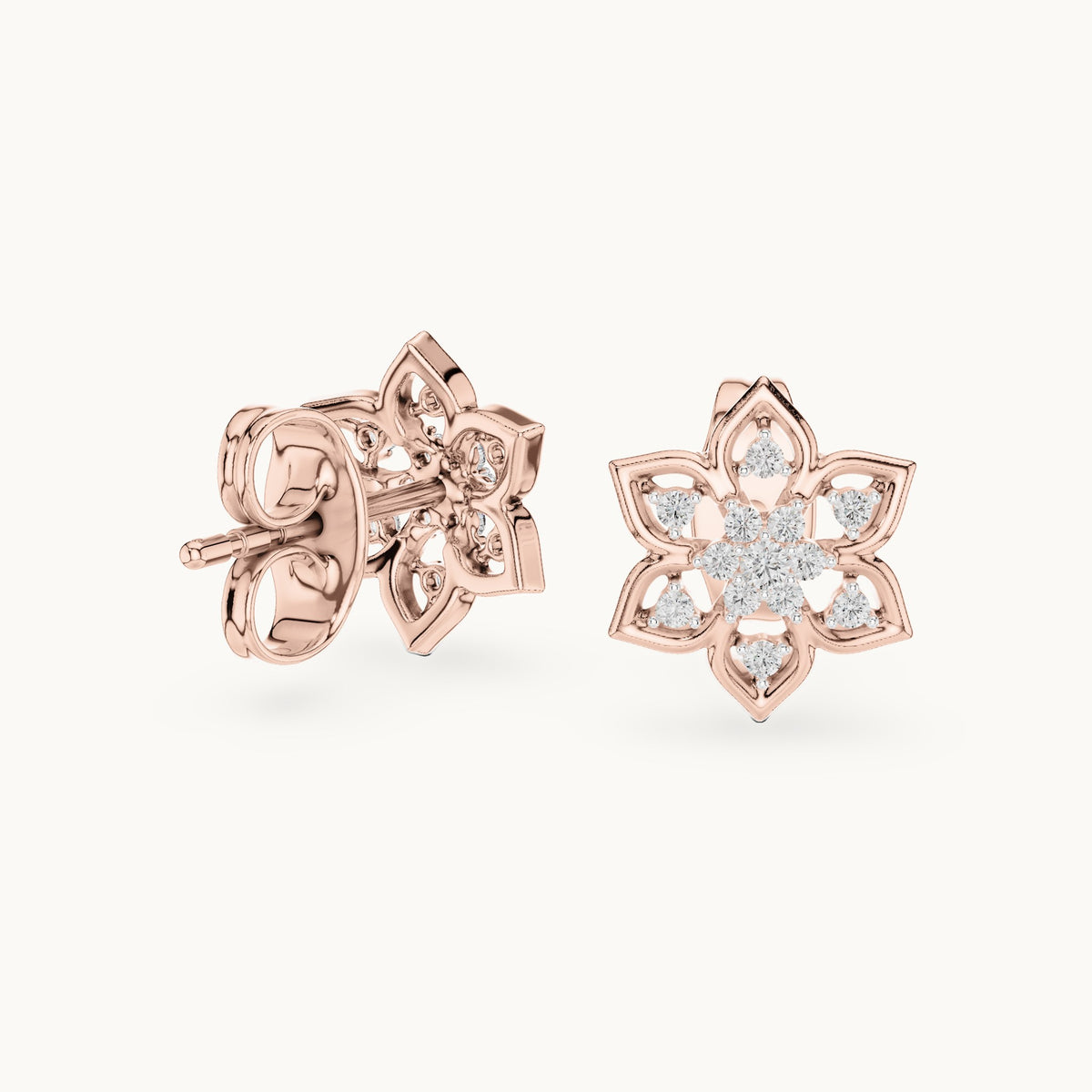Round lab-grown diamond six-petal flower stud earrings in rose gold, 0.14 CT TW, view 1