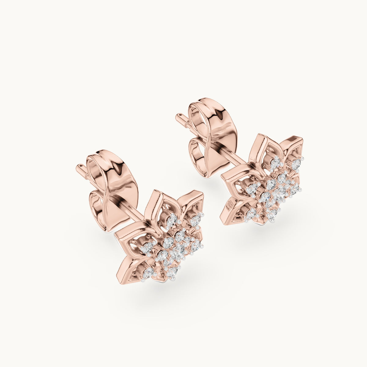 Round lab-grown diamond six-petal flower stud earrings in rose gold, 0.14 CT TW, view 2