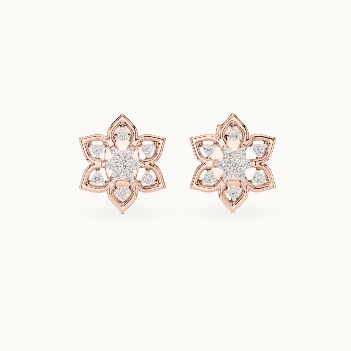 Round lab-grown diamond six-petal flower stud earrings in rose gold, 0.14 CT TW, view 4