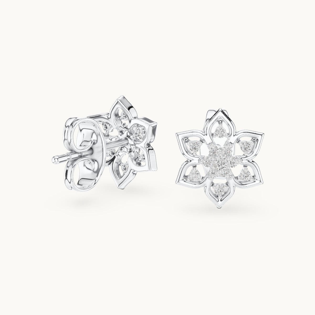 Round lab-grown diamond six-petal flower stud earrings in white gold, 0.14 CT TW, view 1