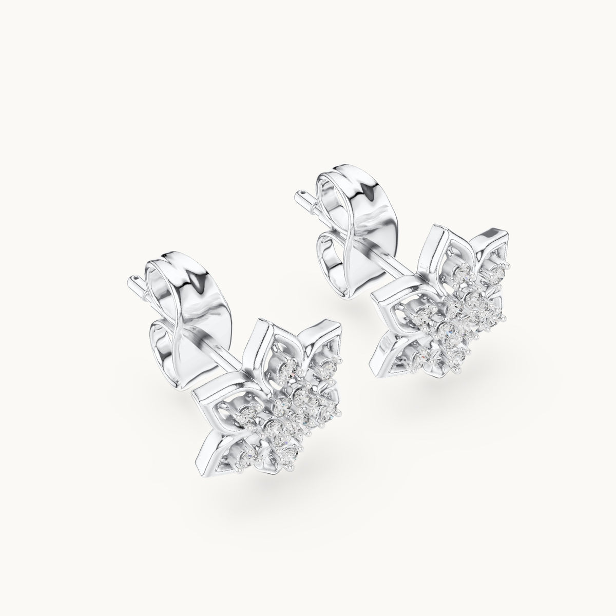 Round lab-grown diamond six-petal flower stud earrings in white gold, 0.14 CT TW, view 2