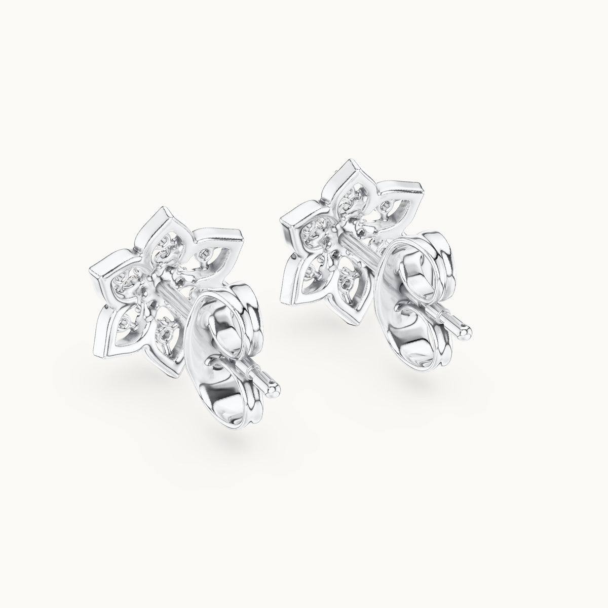 Round lab-grown diamond six-petal flower stud earrings in white gold, 0.14 CT TW, view 3