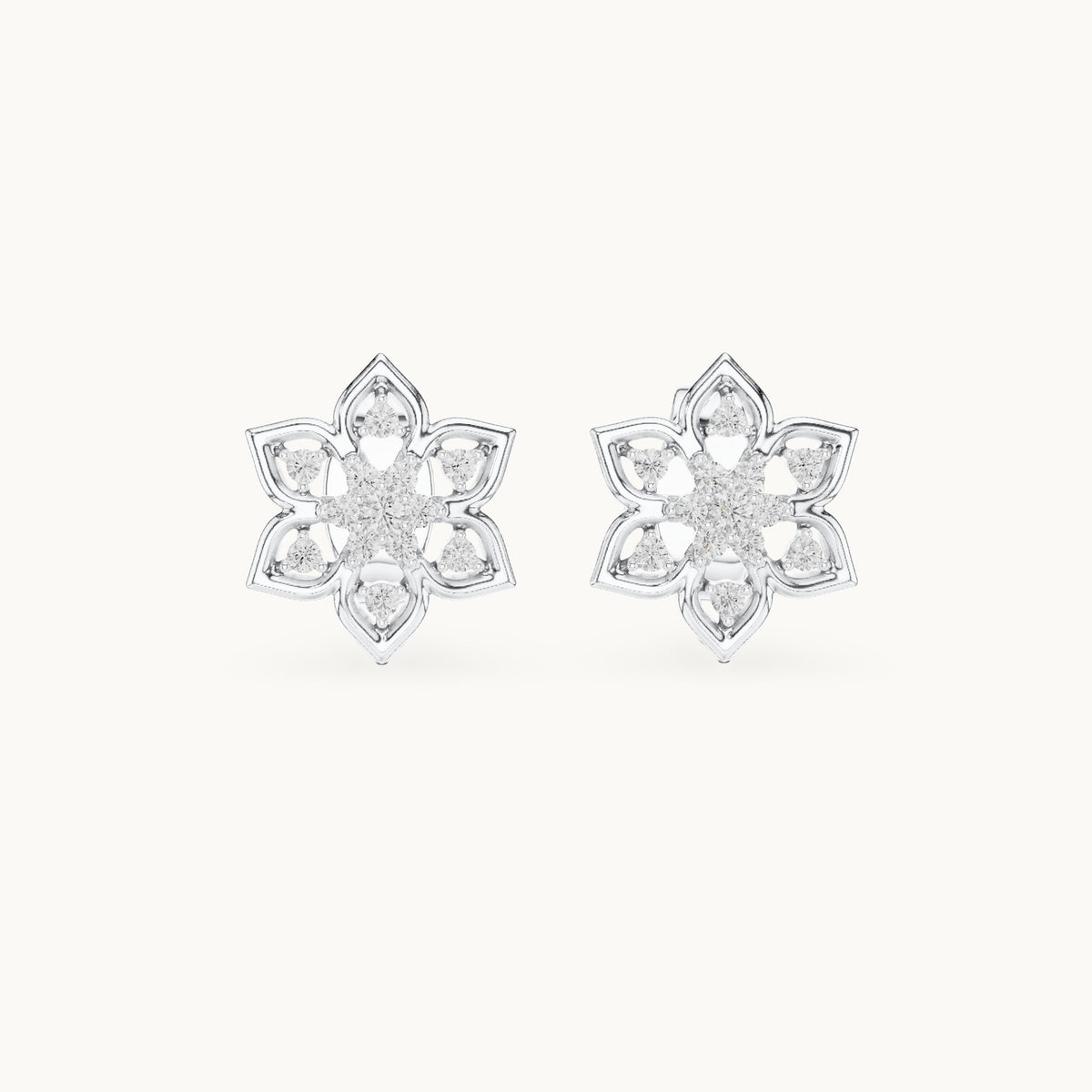 Round lab-grown diamond six-petal flower stud earrings in white gold, 0.14 CT TW, view 4