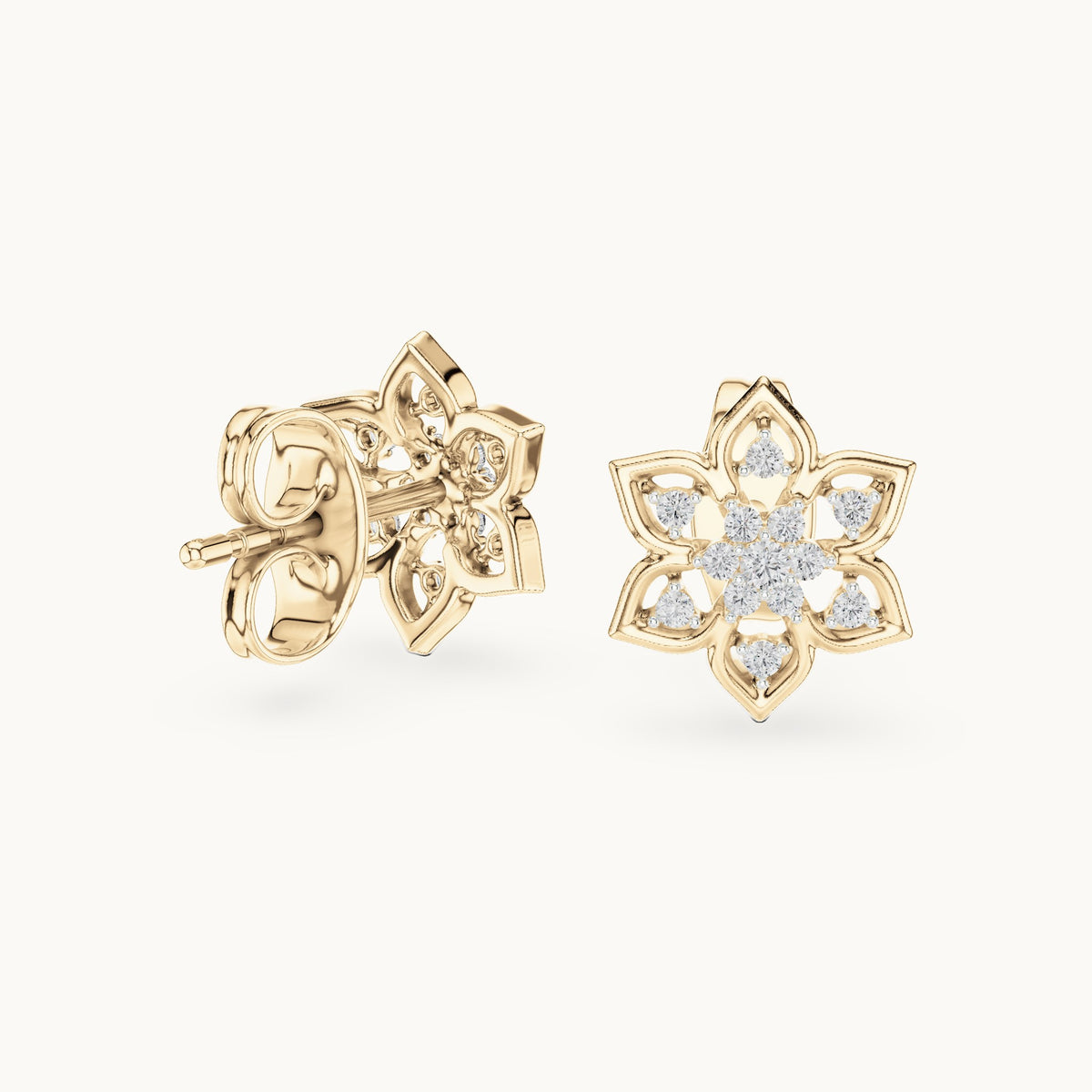 Round lab-grown diamond six-petal flower stud earrings in yellow gold, 0.14 CT TW, view 1