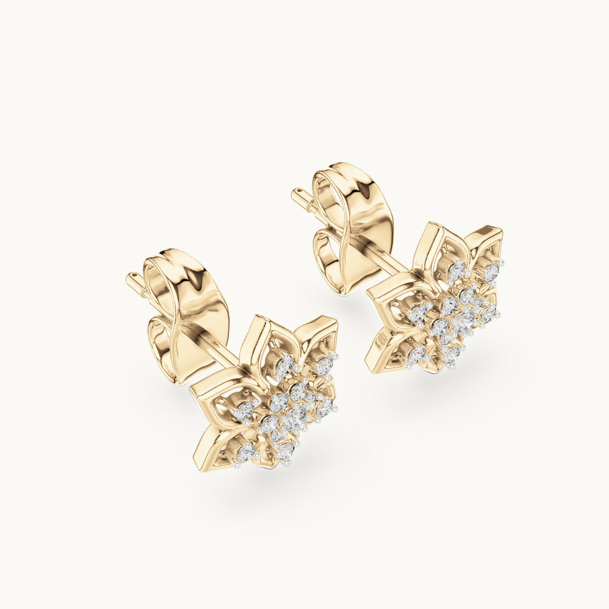 Round lab-grown diamond six-petal flower stud earrings in yellow gold, 0.14 CT TW, view 2