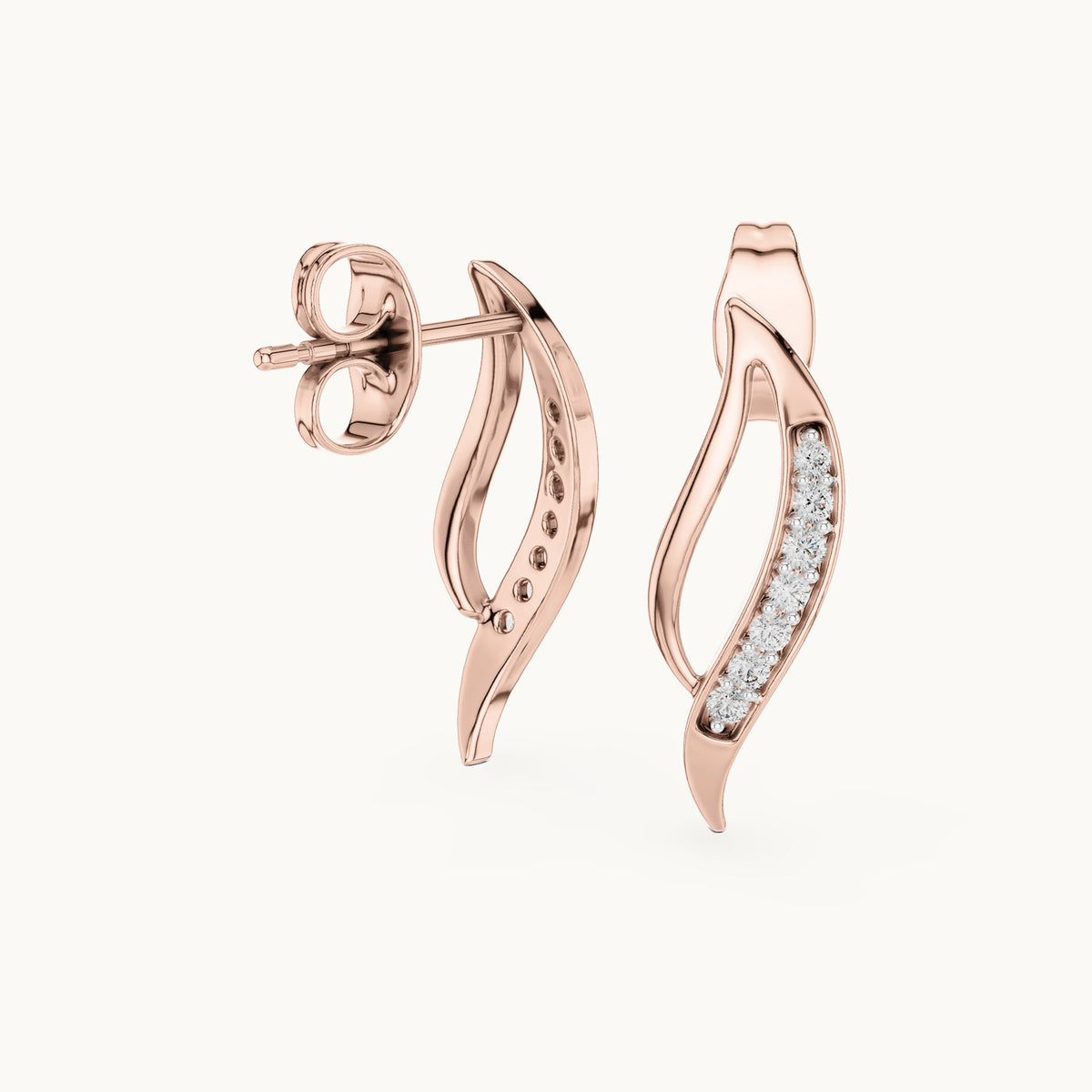 Round lab-grown diamond curved leaf stud earrings in rose gold, 0.14 CT TW, view 1