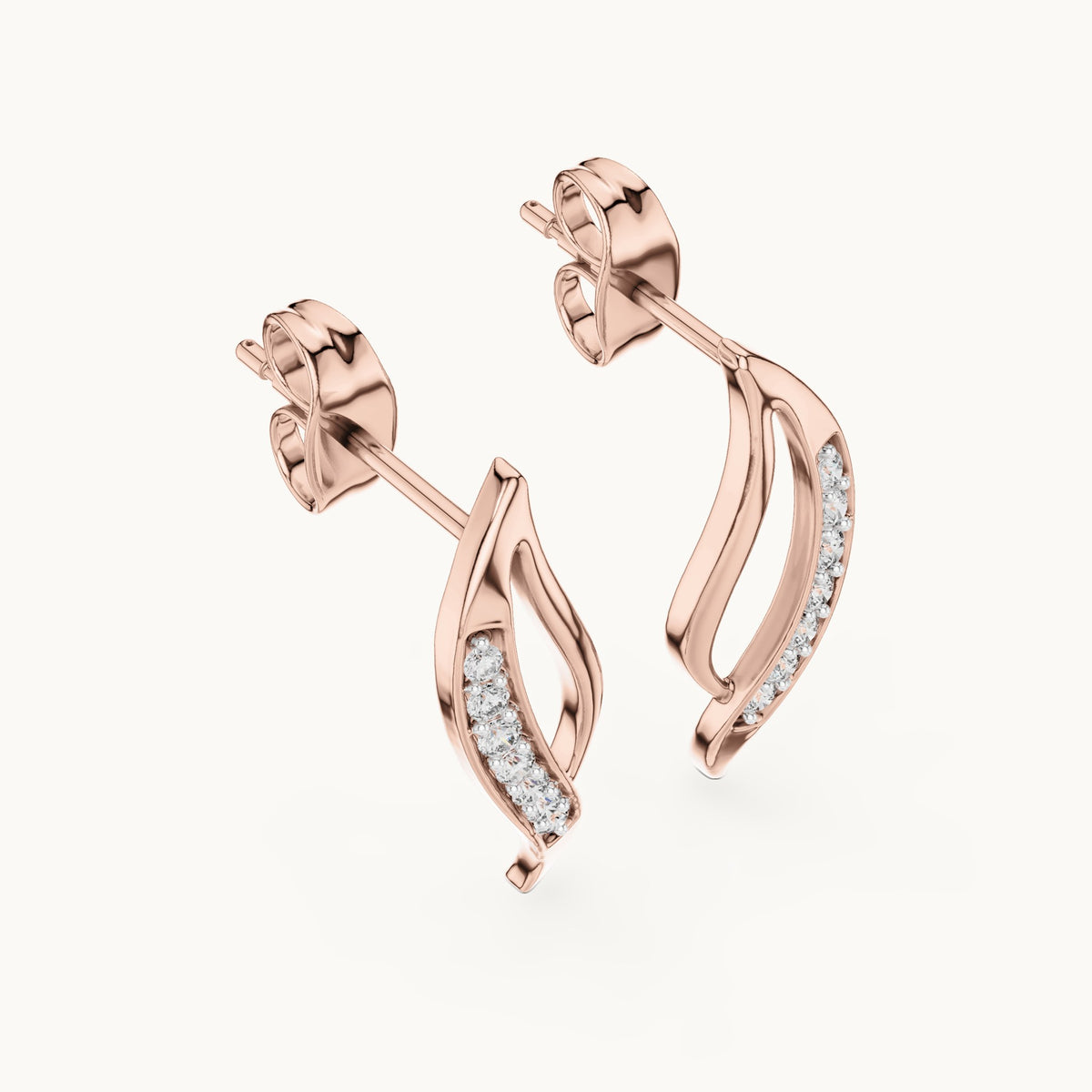 Round lab-grown diamond curved leaf stud earrings in rose gold, 0.14 CT TW, view 2