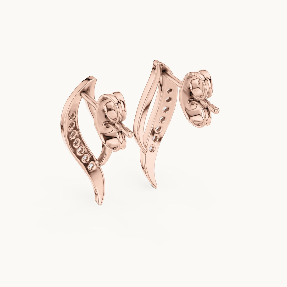 Round lab-grown diamond curved leaf stud earrings in rose gold, 0.14 CT TW, view 3