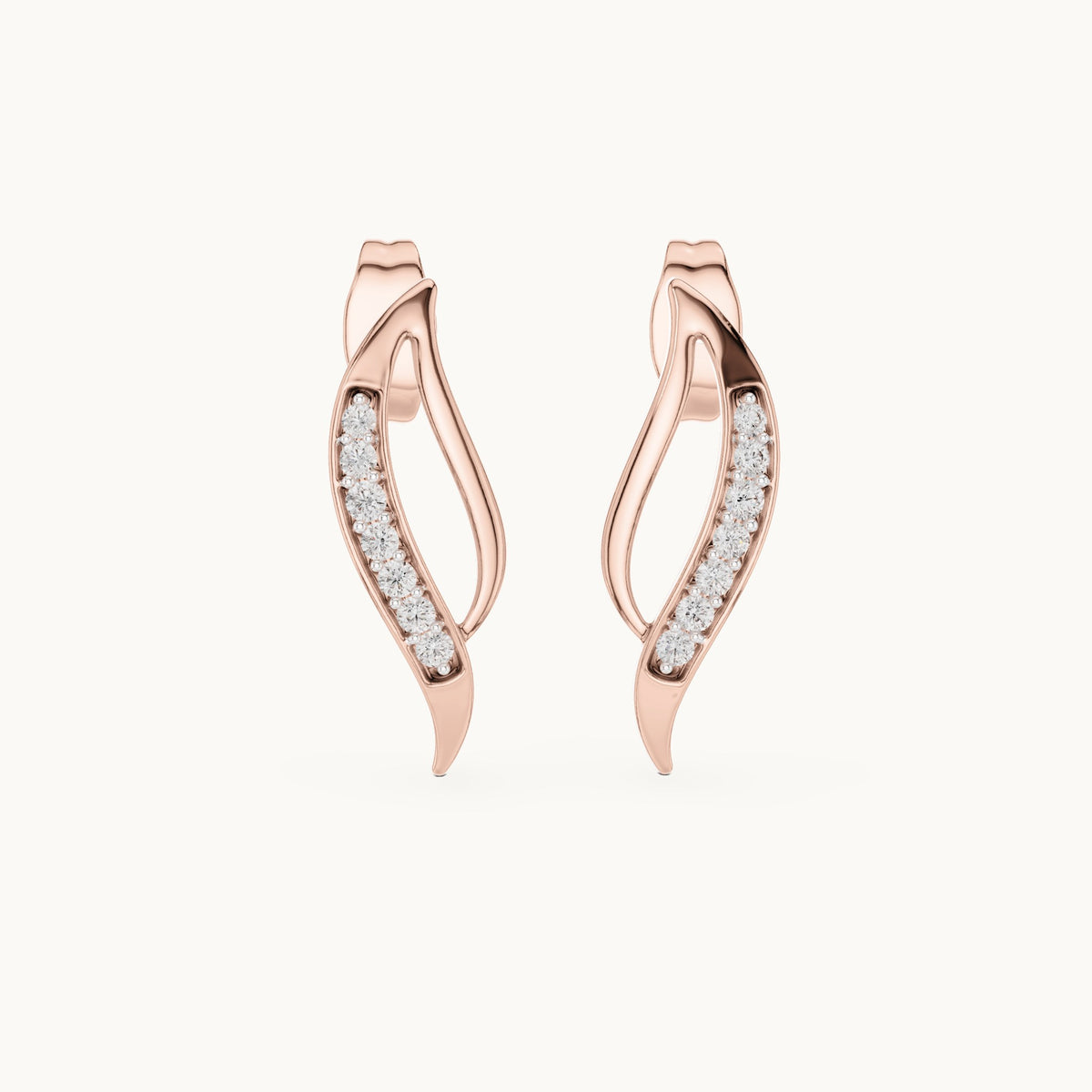 Round lab-grown diamond curved leaf stud earrings in rose gold, 0.14 CT TW, view 4
