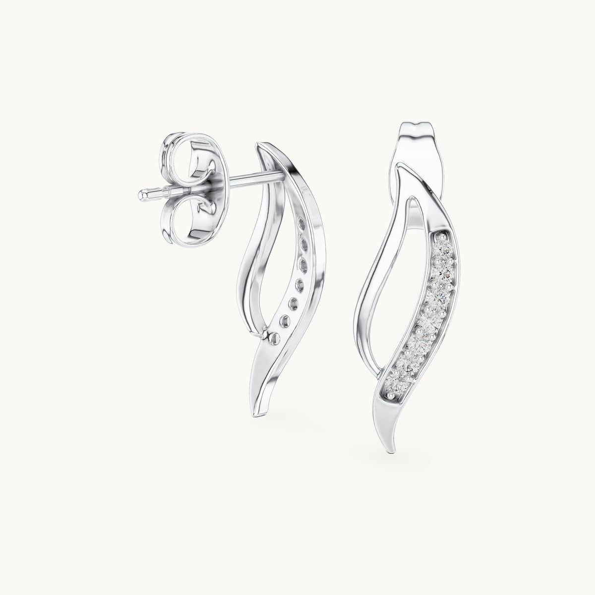 Round lab-grown diamond curved leaf stud earrings in white gold, 0.14 CT TW, view 1