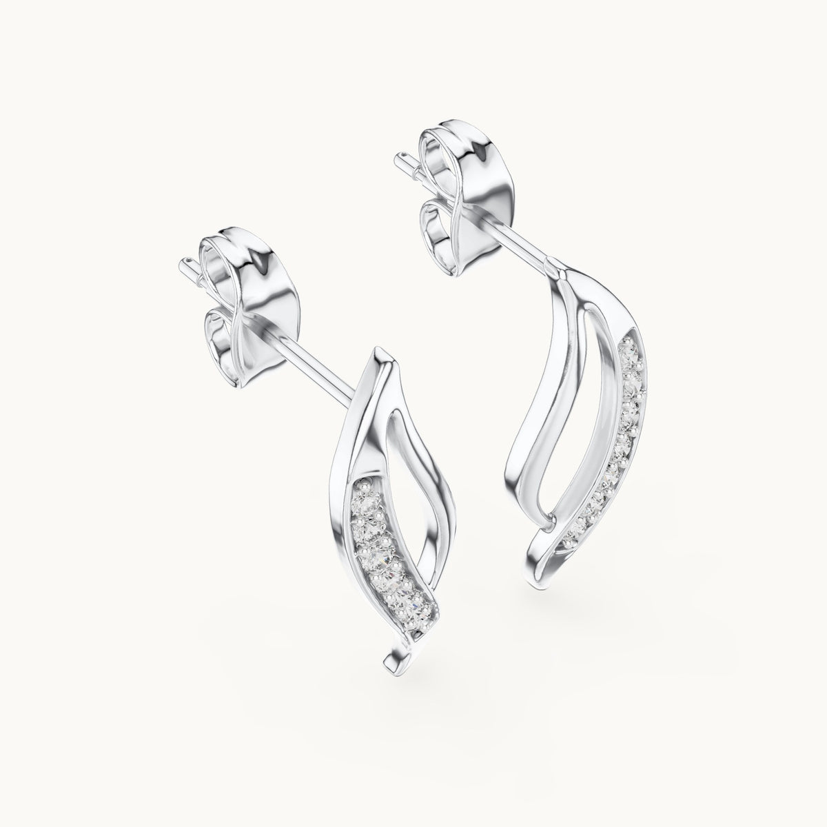Round lab-grown diamond curved leaf stud earrings in white gold, 0.14 CT TW, view 2