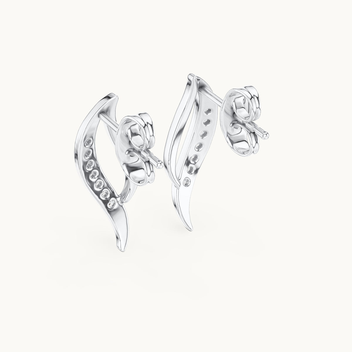 Round lab-grown diamond curved leaf stud earrings in white gold, 0.14 CT TW, view 3