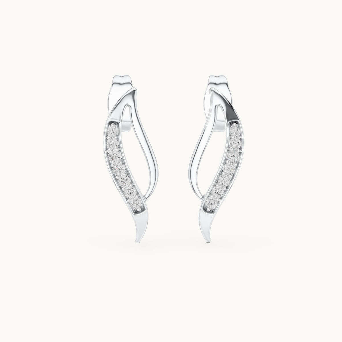 Round lab-grown diamond curved leaf stud earrings in white gold, 0.14 CT TW, view 4