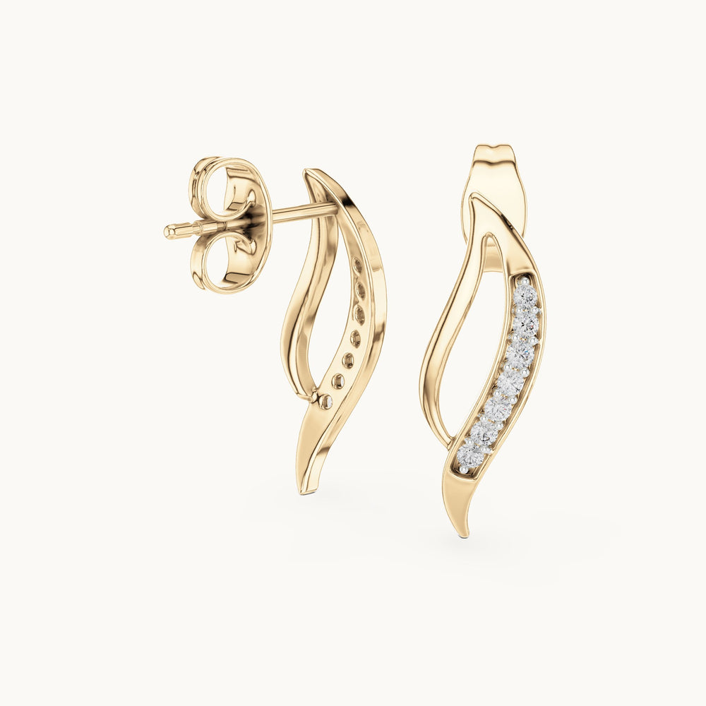 Round lab-grown diamond curved leaf stud earrings in yellow gold, 0.14 CT TW, view 1