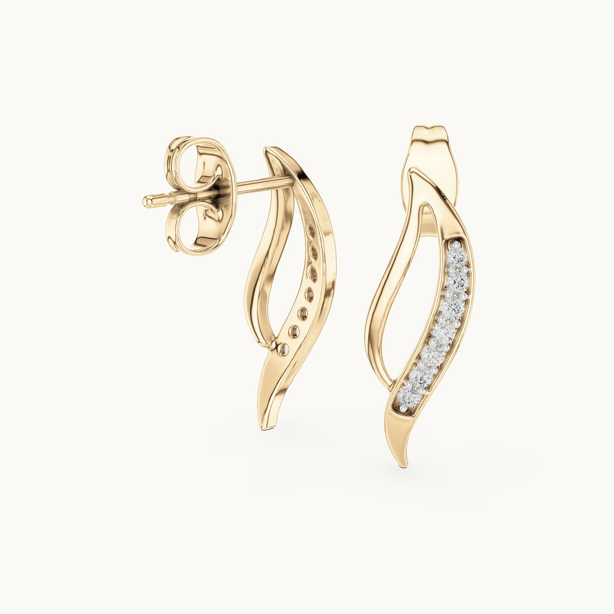 Round lab-grown diamond curved leaf stud earrings in yellow gold, 0.14 CT TW, view 1