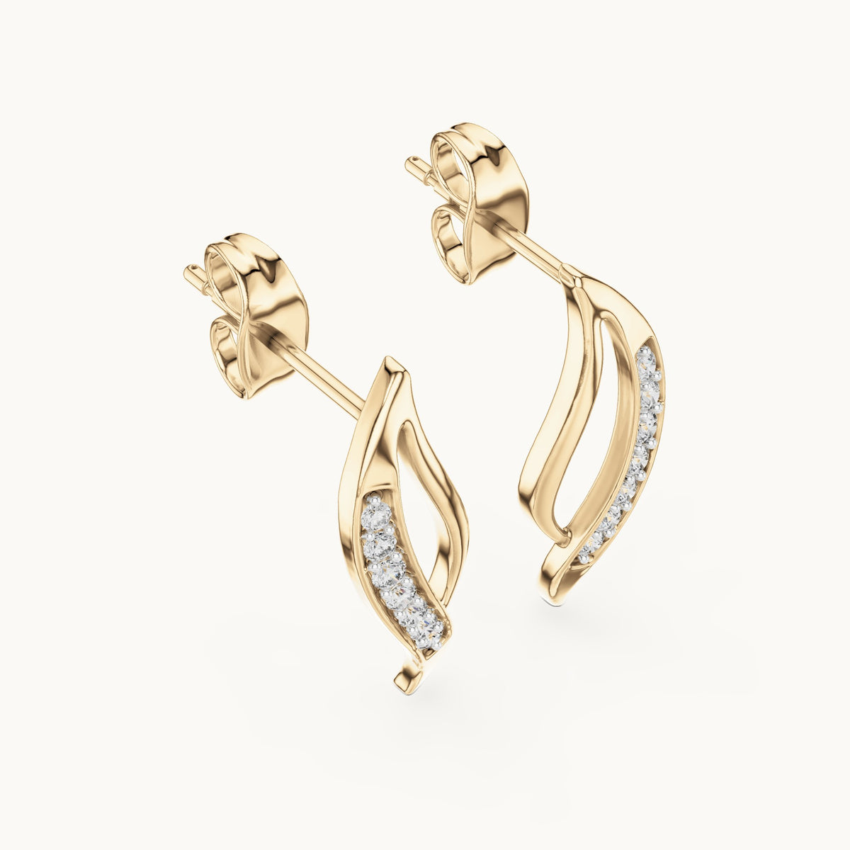 Round lab-grown diamond curved leaf stud earrings in yellow gold, 0.14 CT TW, view 2