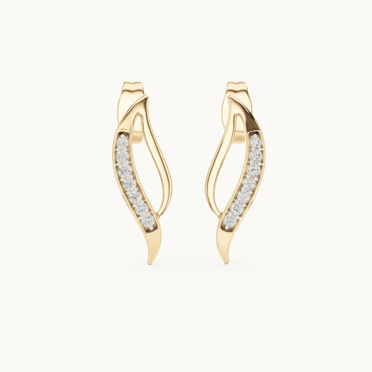 Round lab-grown diamond curved leaf stud earrings in yellow gold, 0.14 CT TW, view 4