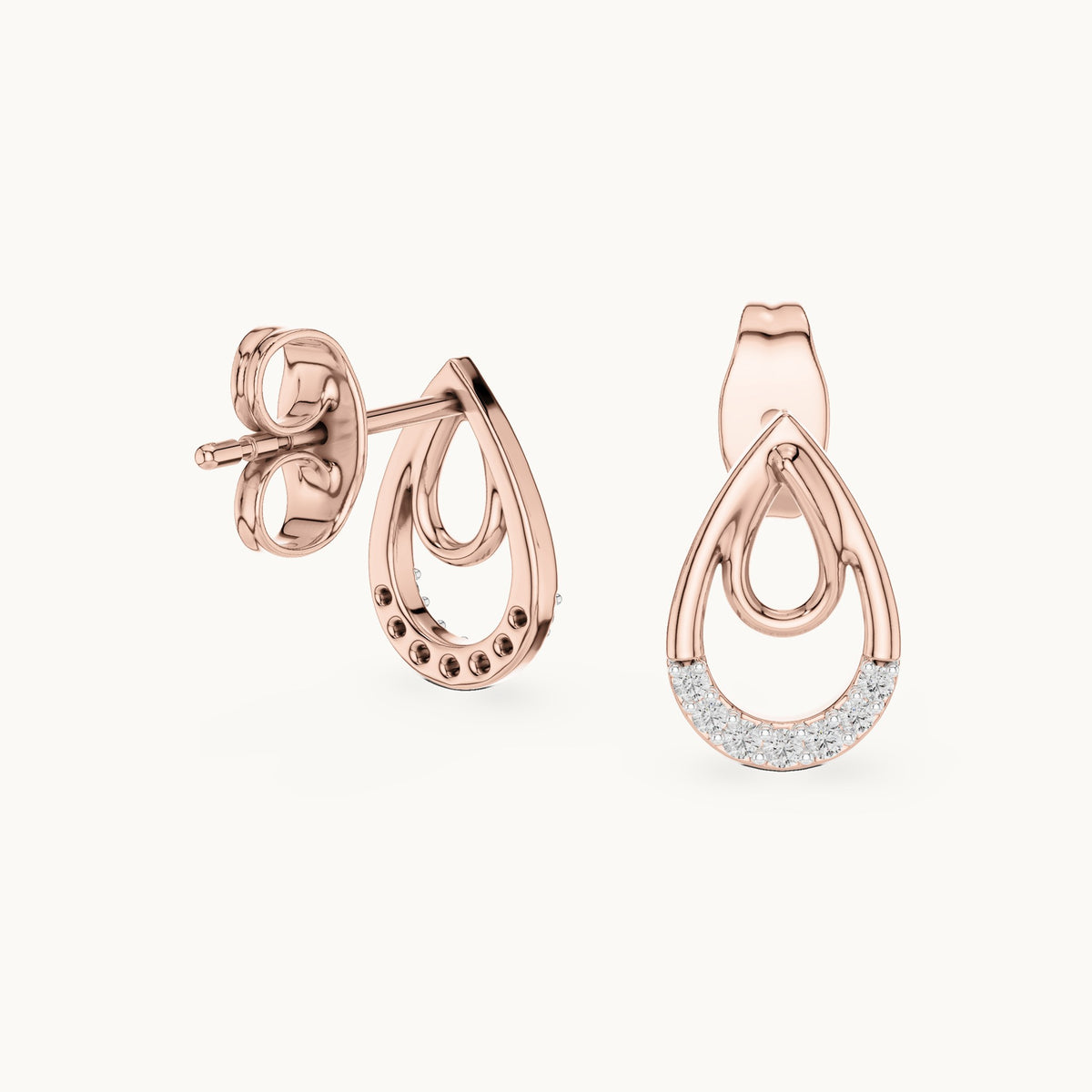 Round lab-grown diamond double teardrop stud earrings in rose gold, 0.076 CT TW, view 1