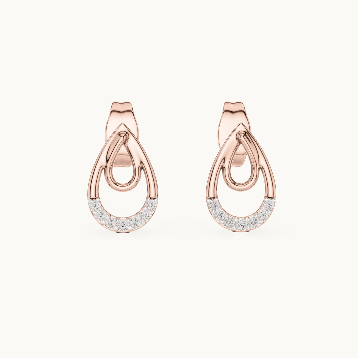 Round lab-grown diamond double teardrop stud earrings in rose gold, 0.076 CT TW, view 4