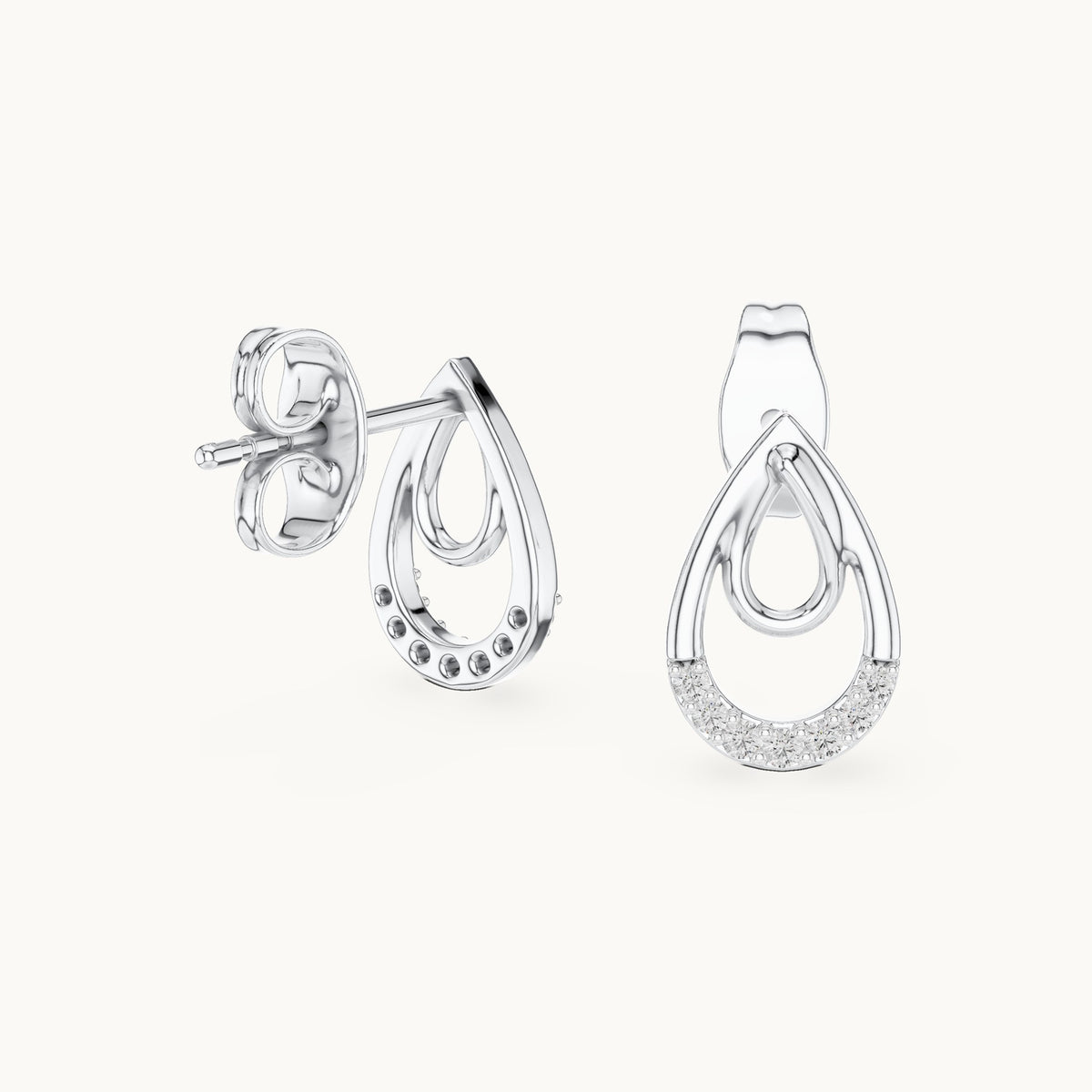 Round lab-grown diamond double teardrop stud earrings in white gold, 0.076 CT TW, view 1