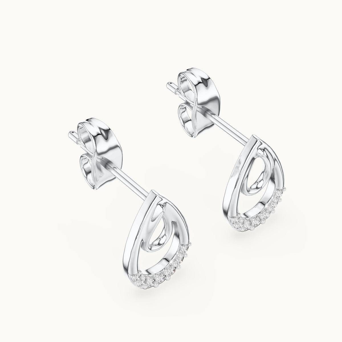 Round lab-grown diamond double teardrop stud earrings in white gold, 0.076 CT TW, view 2