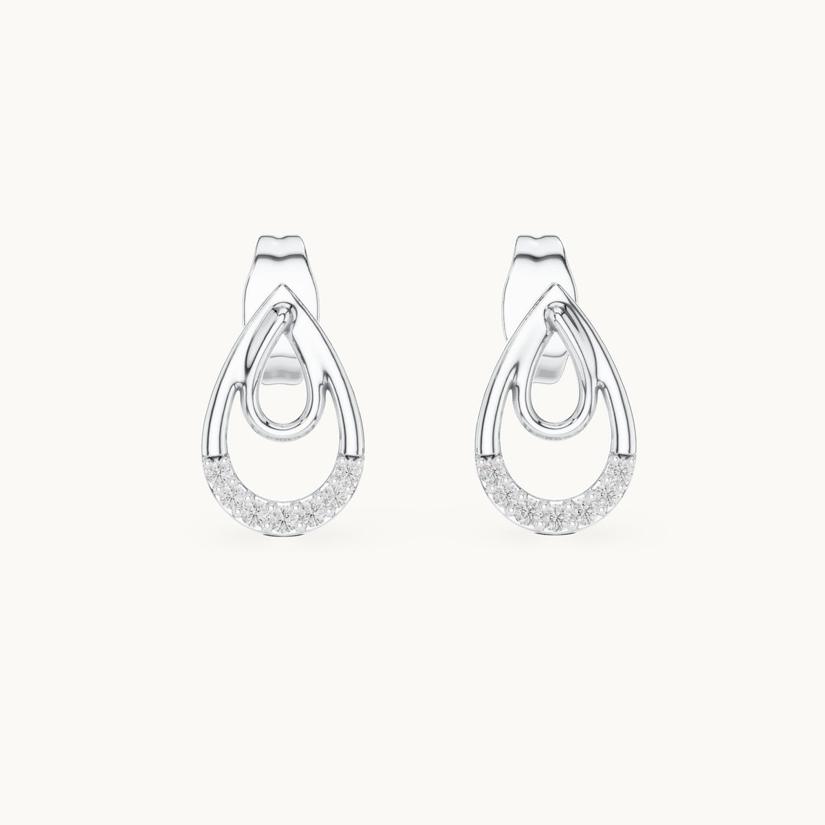 Round lab-grown diamond double teardrop stud earrings in white gold, 0.076 CT TW, view 4
