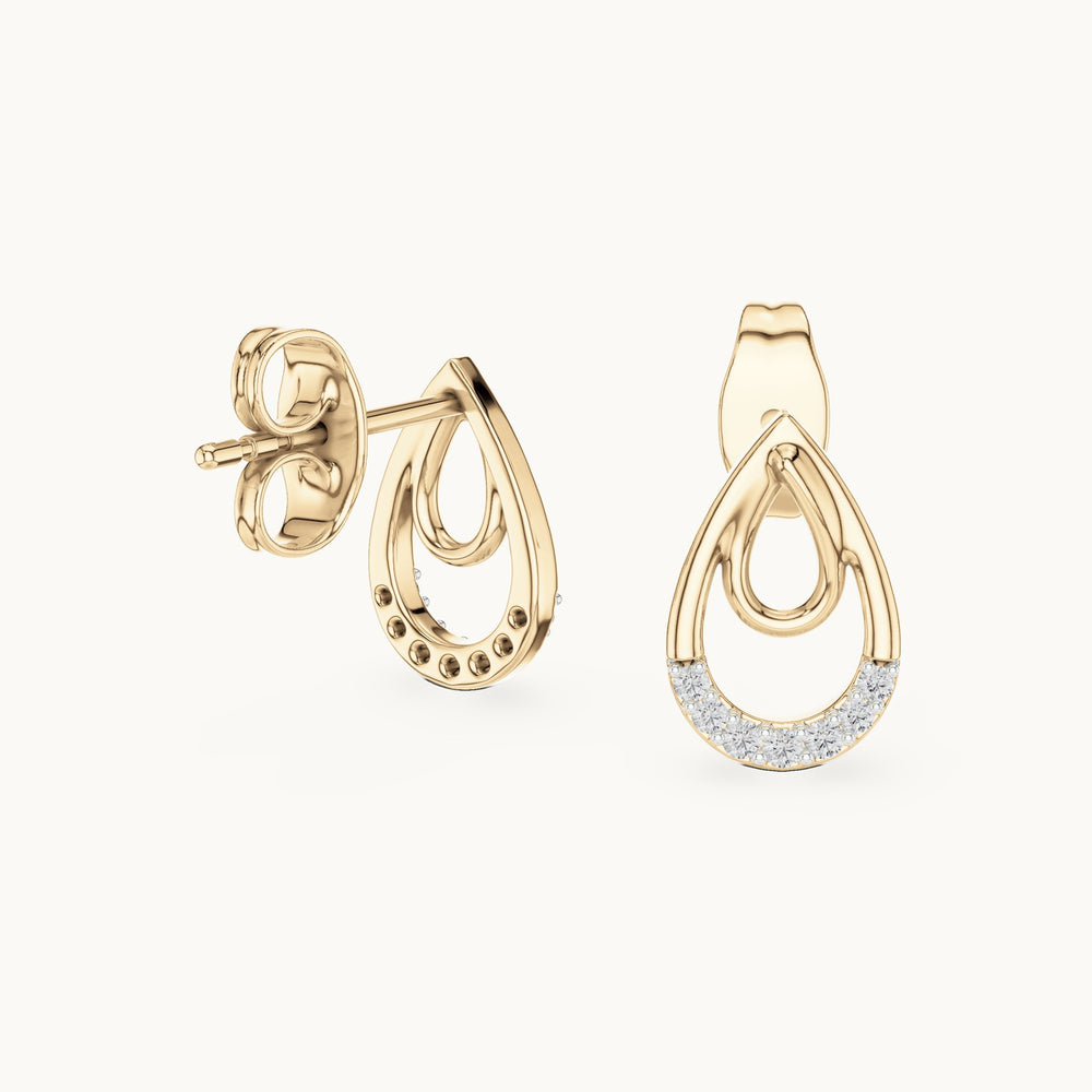 Round lab-grown diamond double teardrop stud earrings in yellow gold, 0.076 CT TW, view 1