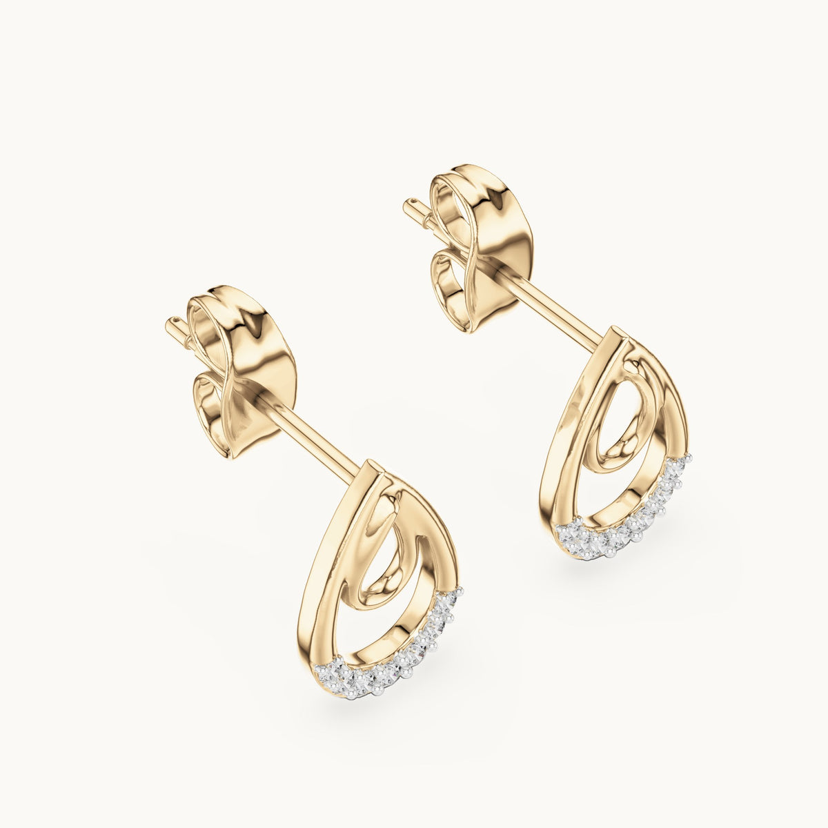 Round lab-grown diamond double teardrop stud earrings in yellow gold, 0.076 CT TW, view 2