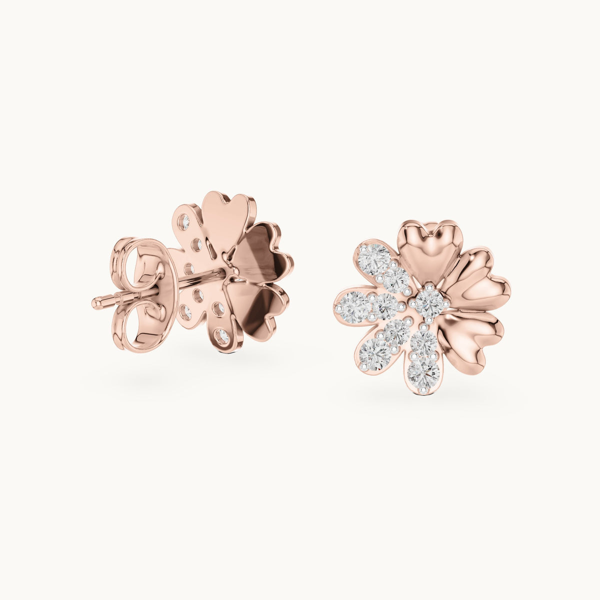 Round lab-grown diamond heart petal flower stud earrings in rose gold, 0.35 CT TW, view 1