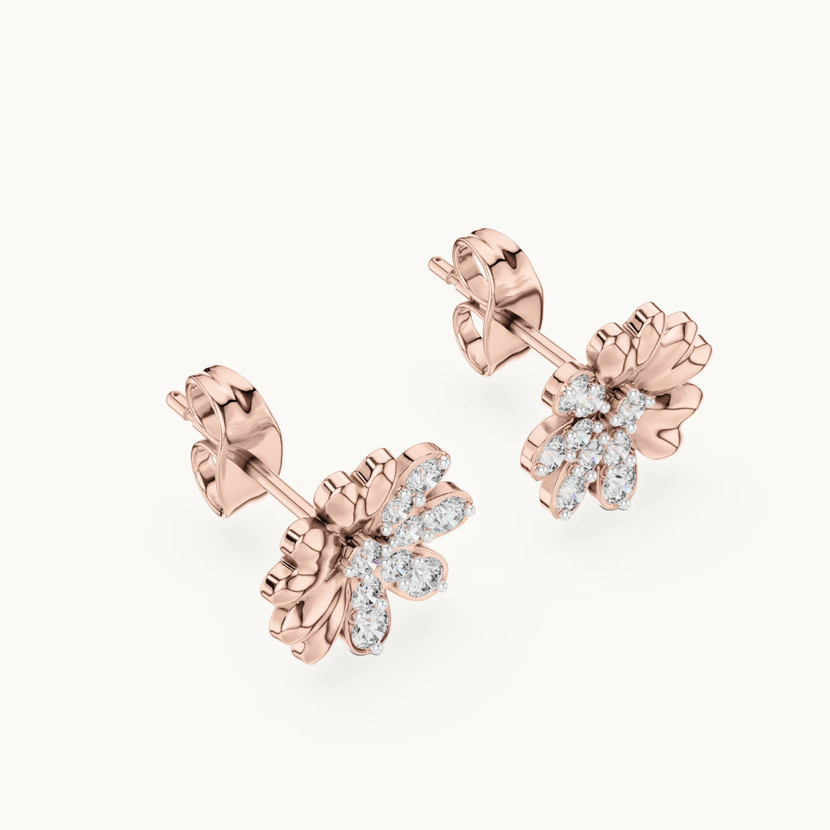 Round lab-grown diamond heart petal flower stud earrings in rose gold, 0.35 CT TW, view 2