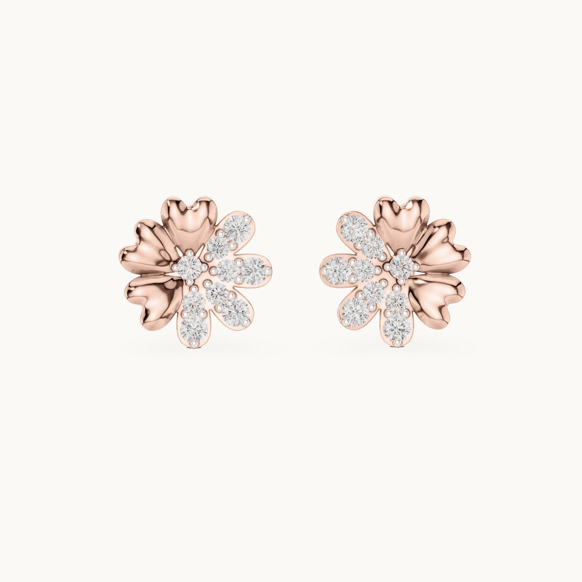 Round lab-grown diamond heart petal flower stud earrings in rose gold, 0.35 CT TW, view 4