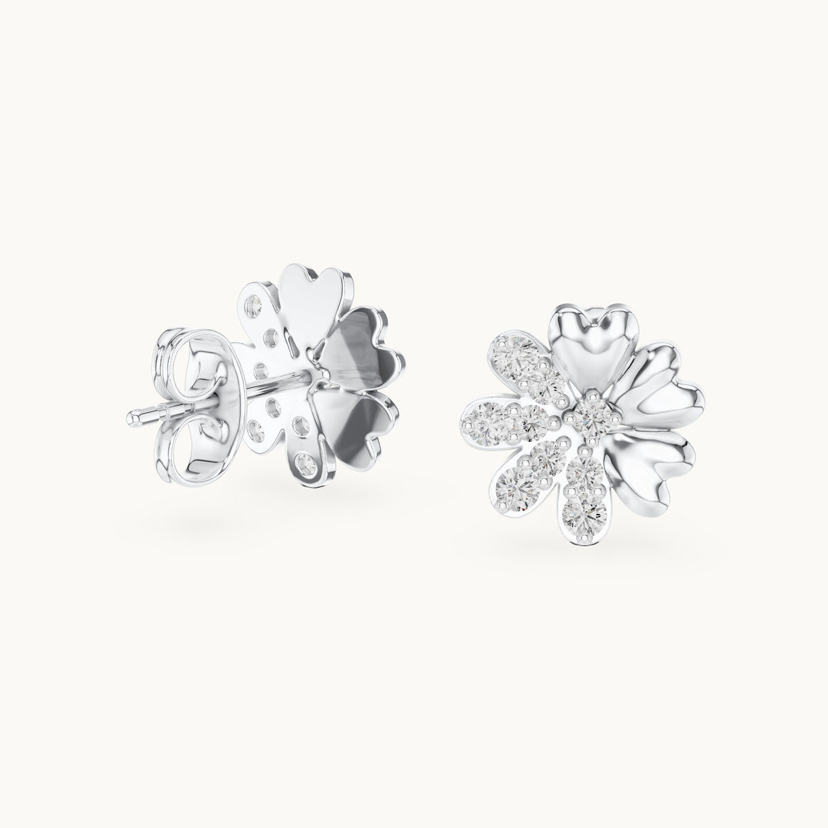 Round lab-grown diamond heart petal flower stud earrings in white gold, 0.35 CT TW, view 1