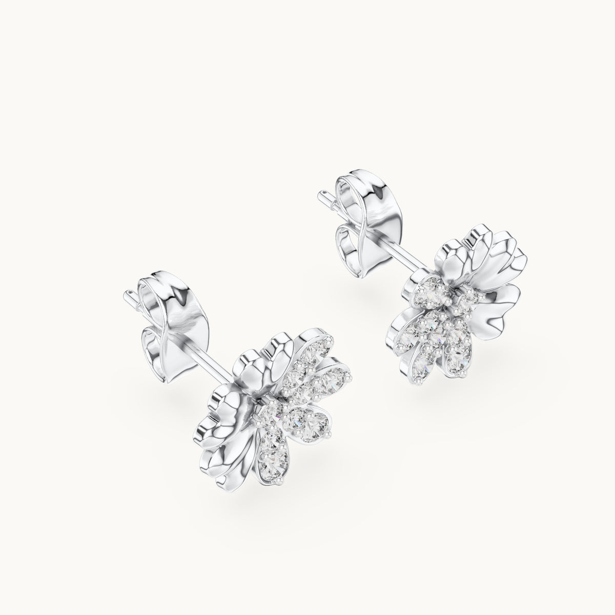 Round lab-grown diamond heart petal flower stud earrings in white gold, 0.35 CT TW, view 2