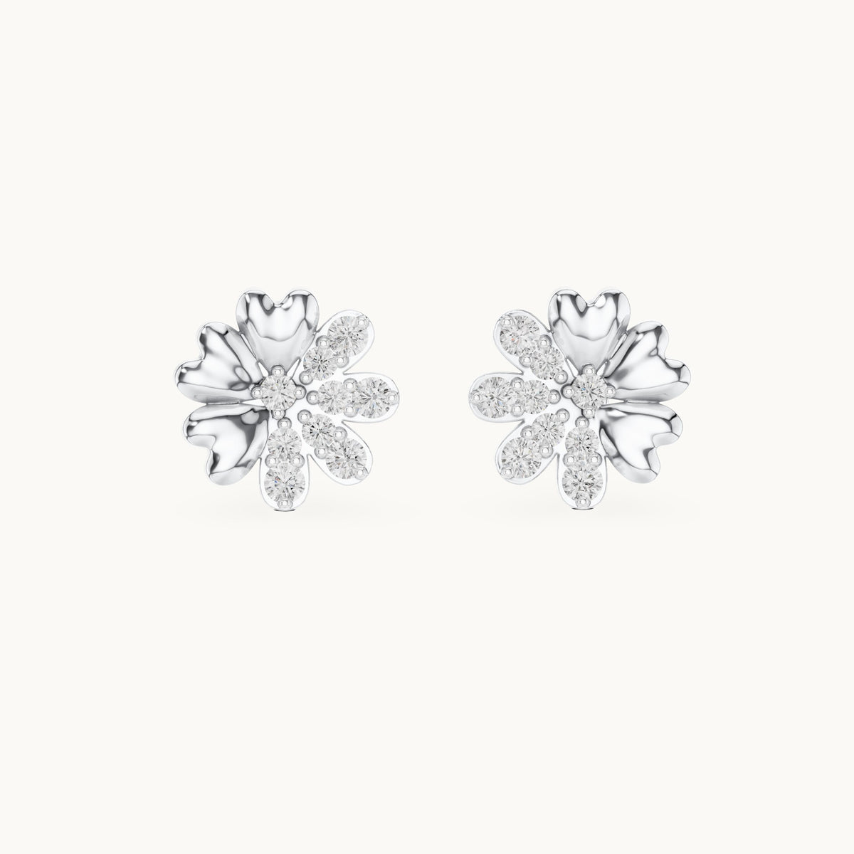 Round lab-grown diamond heart petal flower stud earrings in white gold, 0.35 CT TW, view 4