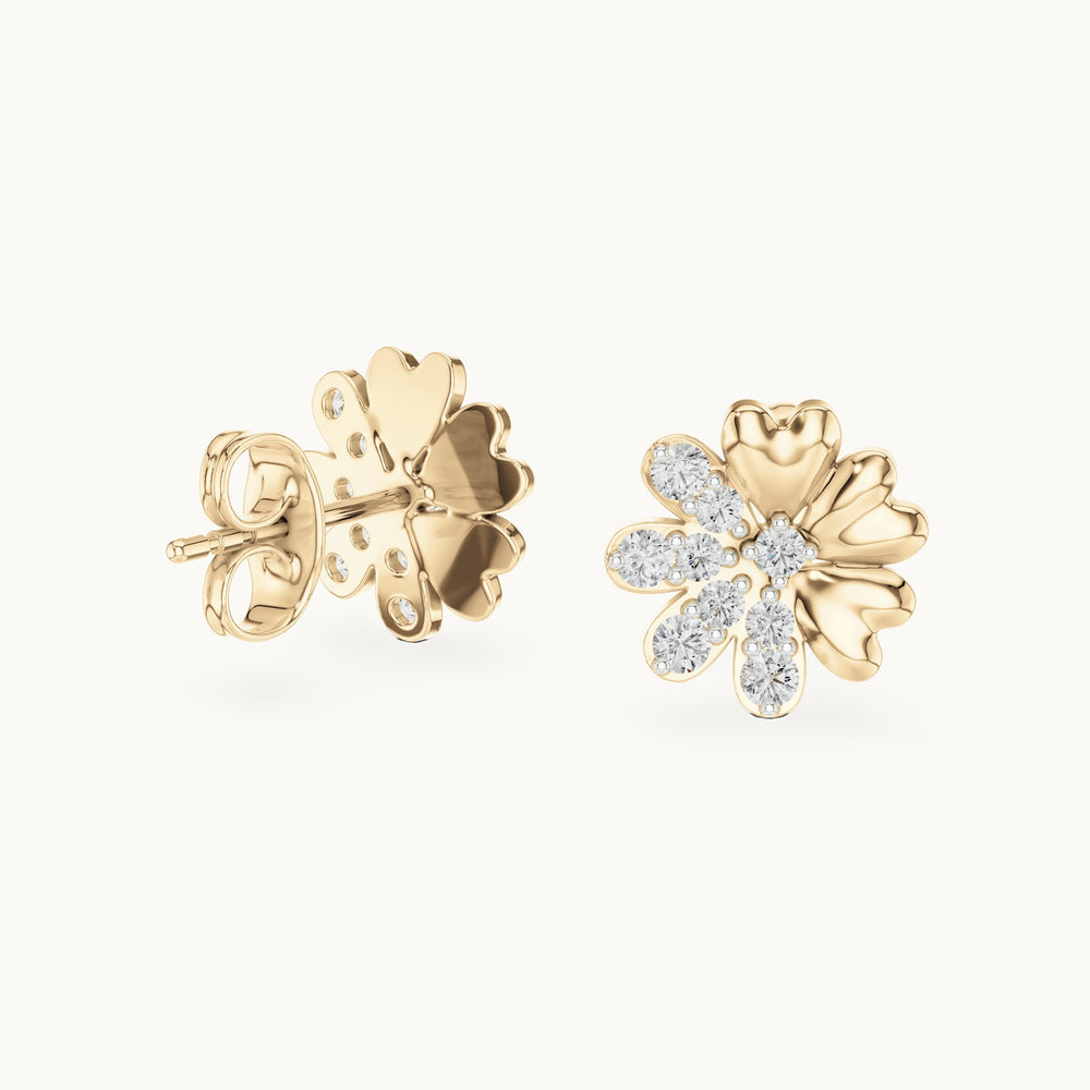 Round lab-grown diamond heart petal flower stud earrings in yellow gold, 0.35 CT TW, view 1