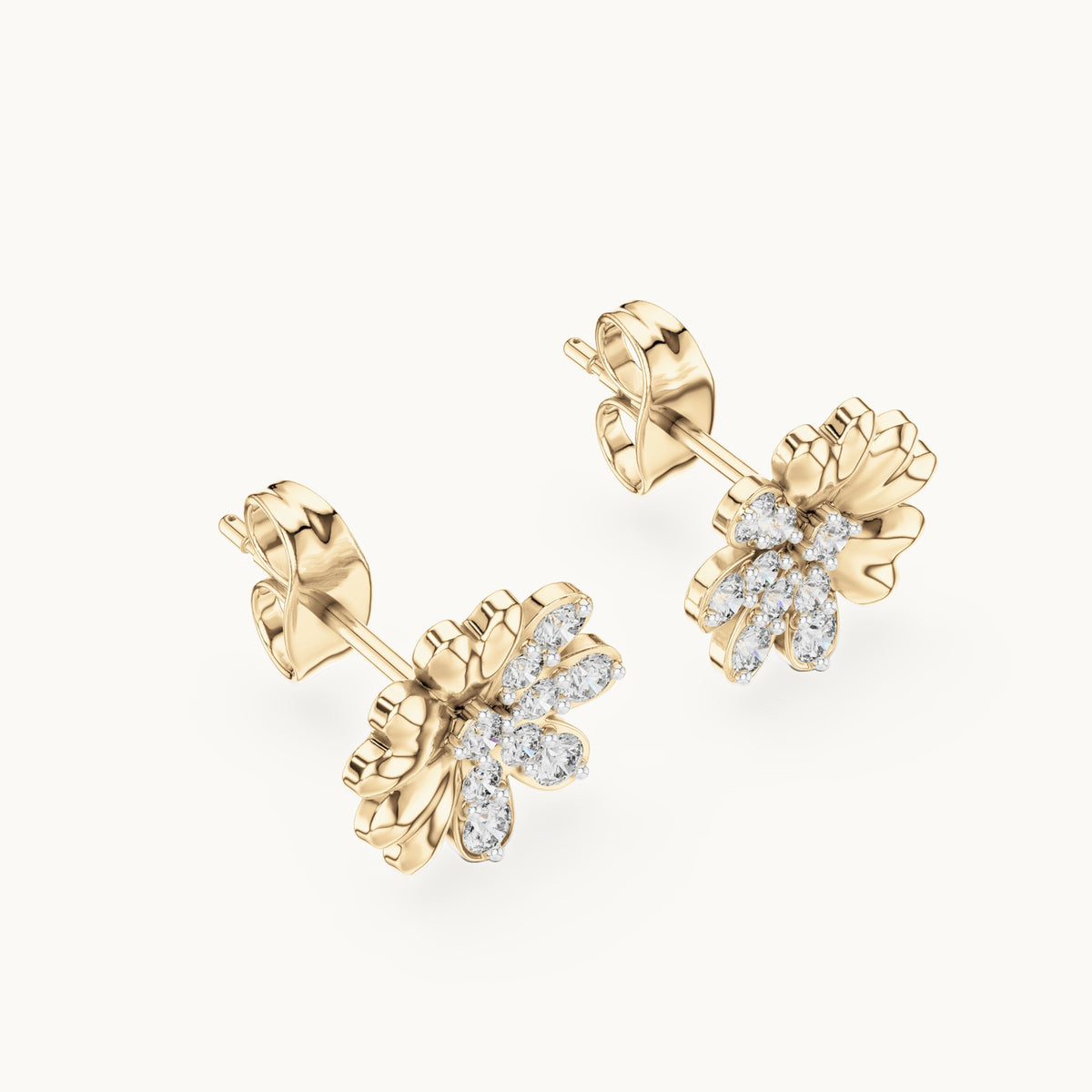 Round lab-grown diamond heart petal flower stud earrings in yellow gold, 0.35 CT TW, view 2
