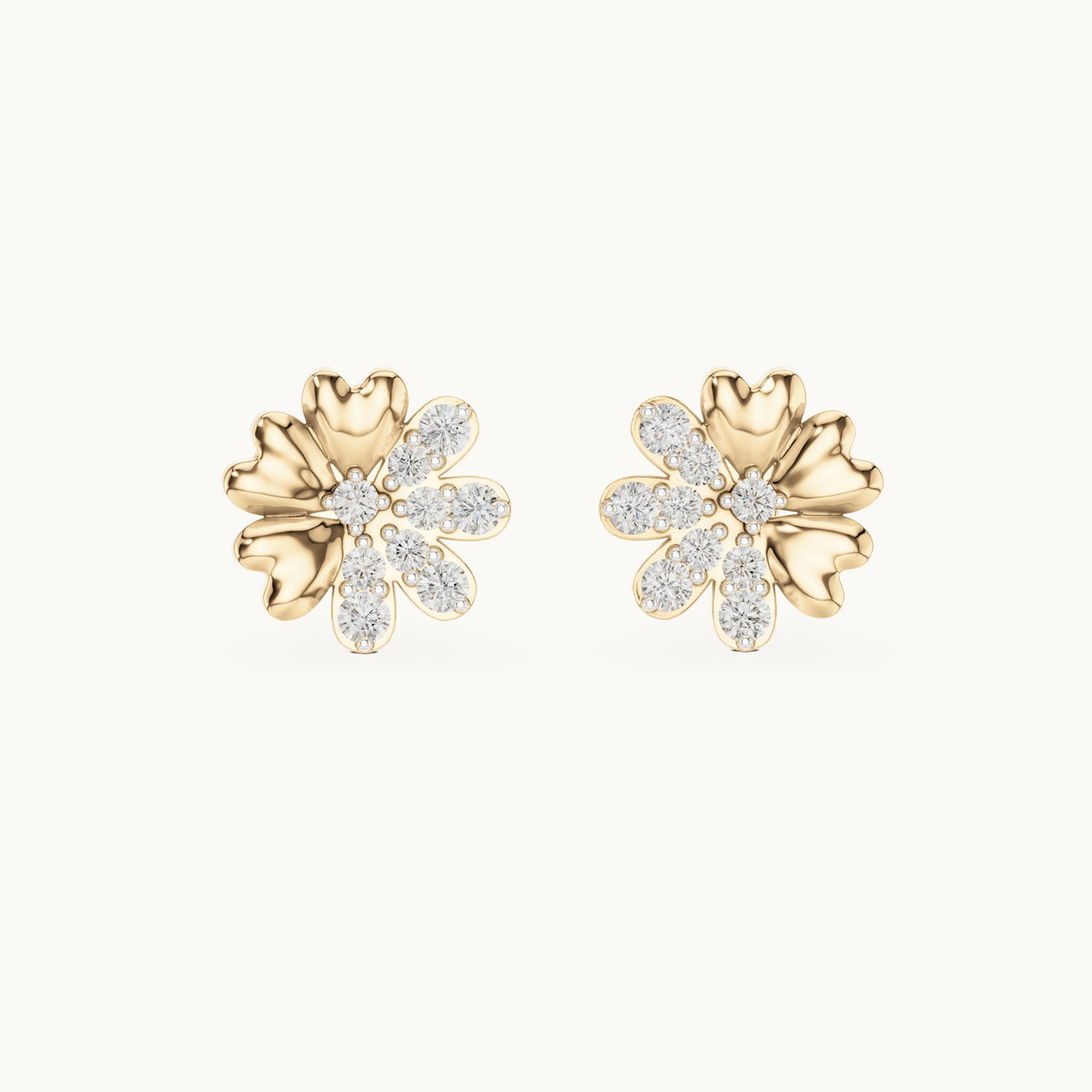 Round lab-grown diamond heart petal flower stud earrings in yellow gold, 0.35 CT TW, view 4