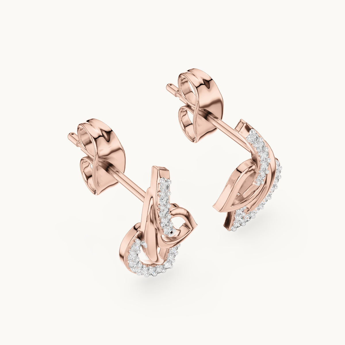 Round lab-grown diamond abstract leaf swirl stud earrings in rose gold, 0.12 CT TW, view 2
