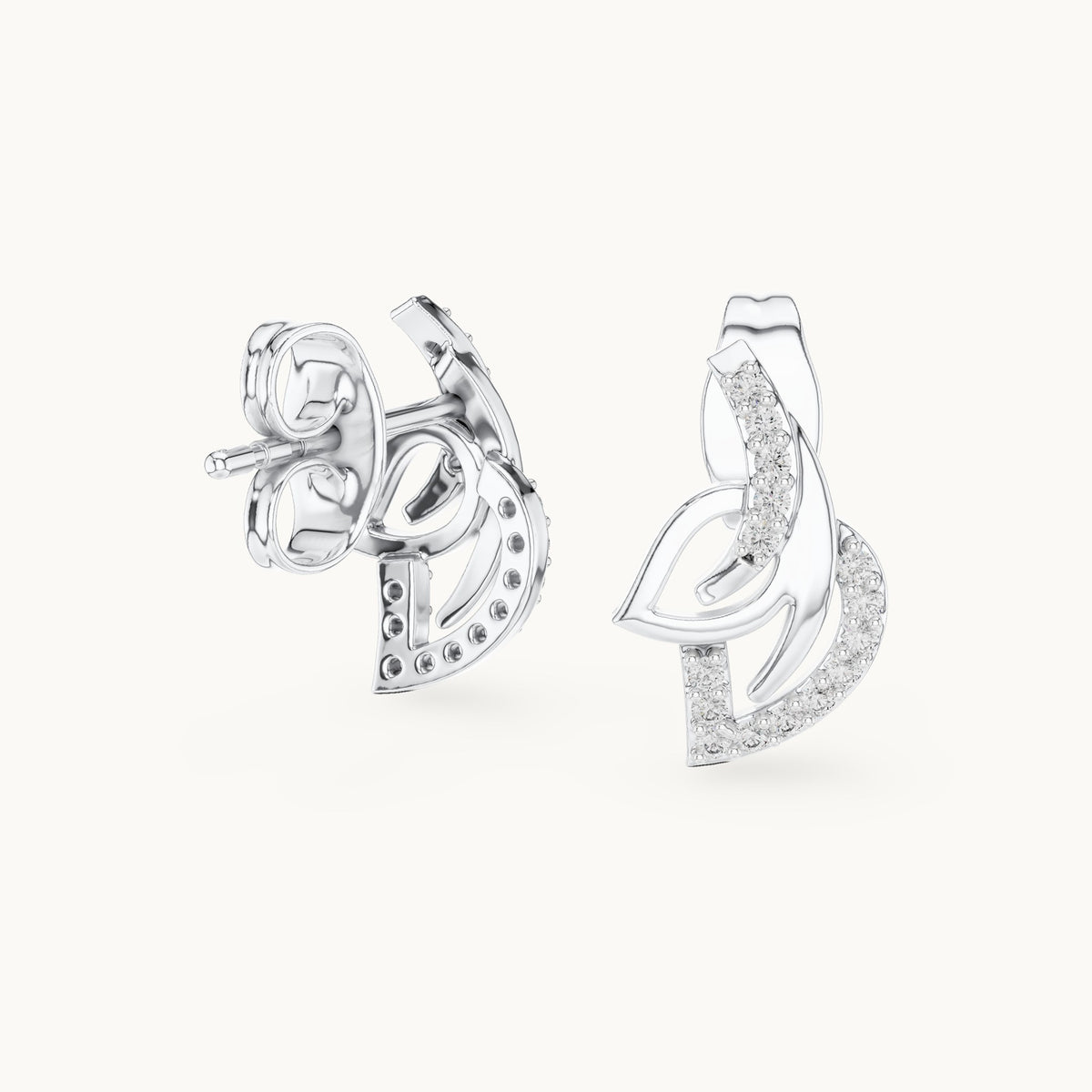 Round lab-grown diamond abstract leaf swirl stud earrings in white gold, 0.12 CT TW, view 1