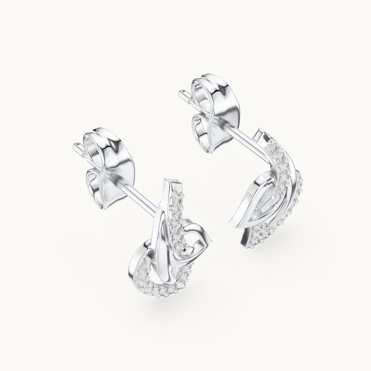 Round lab-grown diamond abstract leaf swirl stud earrings in white gold, 0.12 CT TW, view 2