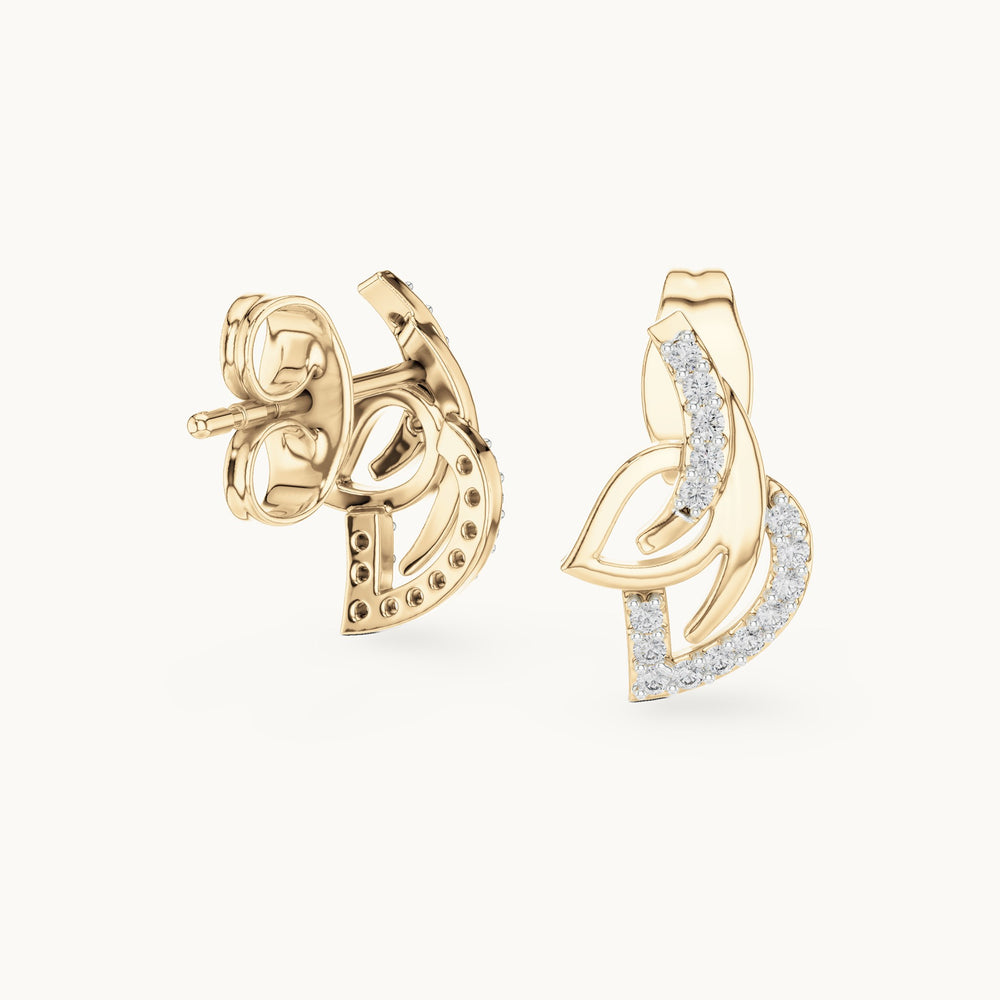 Round lab-grown diamond abstract leaf swirl stud earrings in yellow gold, 0.12 CT TW, view 1