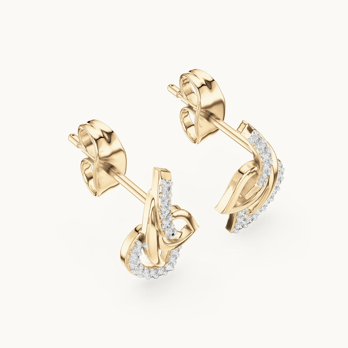 Round lab-grown diamond abstract leaf swirl stud earrings in yellow gold, 0.12 CT TW, view 2